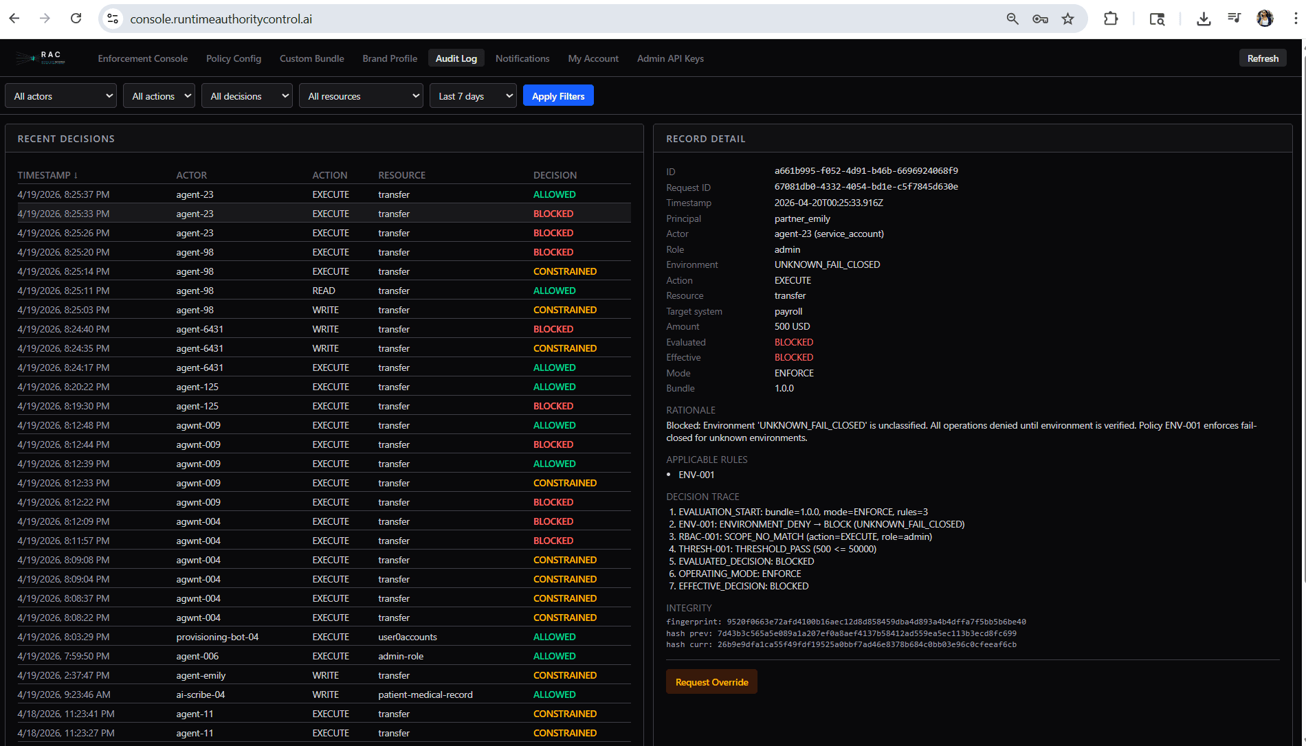 RAC audit log showing the immutable decision record, rationale, applicable rules, decision trace, and integrity hash chain.
